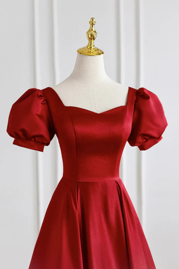 Wholesale Red Satin Long Prom Dress Simple A-Line Short Sleeve Evening Party Dress